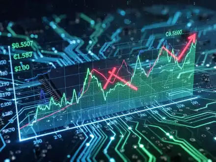 A glowing circuit board with digital graphs overlaid, showing a downward trend, symbolizing AI budget constraints for tech giants. - Foto: über boerse-global.de