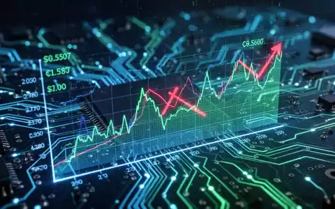 A glowing circuit board with digital graphs overlaid, showing a downward trend, symbolizing AI budget constraints for tech giants. - Foto: über boerse-global.de