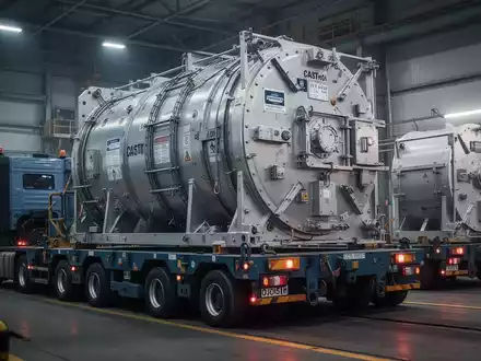 Ein spezialisierter Transportbehälter für Gefahrgut auf einem Schwerlastfahrzeug, umgeben von industrieller Infrastruktur, bei Nacht. - Foto: über boerse-global.de