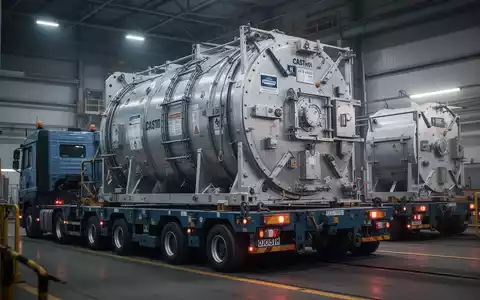 Ein spezialisierter Transportbehälter für Gefahrgut auf einem Schwerlastfahrzeug, umgeben von industrieller Infrastruktur, bei Nacht. - Foto: über boerse-global.de