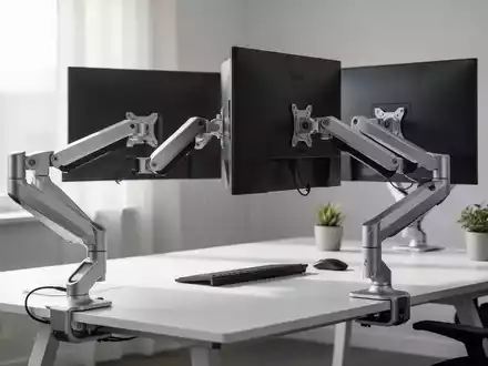 Ein aufgeräumter Büroschreibtisch mit zwei Monitoren, die auf ergonomischen Monitorarmen befestigt sind. Der Schreibtisch ist minimalistisch gestaltet. - Foto: über boerse-global.de