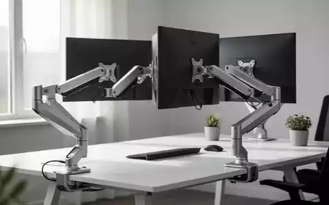 Ein aufgeräumter Büroschreibtisch mit zwei Monitoren, die auf ergonomischen Monitorarmen befestigt sind. Der Schreibtisch ist minimalistisch gestaltet. - Foto: über boerse-global.de