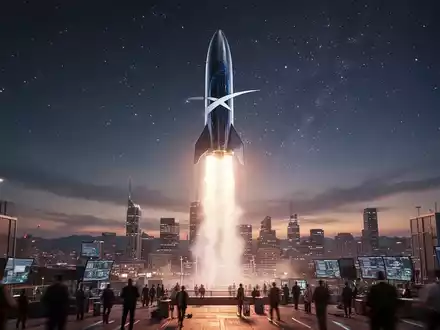 Eine futuristische Rakete startet in den Nachthimmel über einer belebten Finanzmetropole. Symbolisiert den SpaceX-Börsengang. - Foto: über boerse-global.de