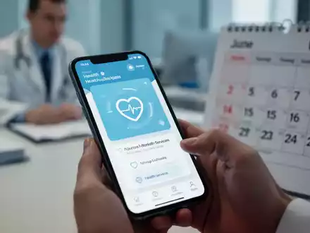 Ein Smartphone zeigt eine App für digitale Krankschreibung, im Hintergrund verschwommen eine Arztpraxis und ein Kalender. - Foto: über boerse-global.de
