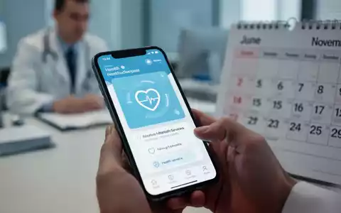 Ein Smartphone zeigt eine App für digitale Krankschreibung, im Hintergrund verschwommen eine Arztpraxis und ein Kalender. - Foto: über boerse-global.de