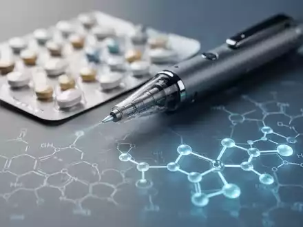 Eine Nahaufnahme eines modernen Injektionspens oder einer Medikamentenpackung, umgeben von stilisierten wissenschaftlichen Grafiken. - Foto: über boerse-global.de