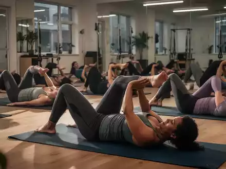 Eine Gruppe von Menschen führt in einem hellen Pilates-Studio auf Matten konzentriert die Half Roll Up-Übung aus, um die Körpermitte zu stärken. - Foto: über boerse-global.de