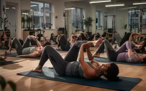 Eine Gruppe von Menschen führt in einem hellen Pilates-Studio auf Matten konzentriert die Half Roll Up-Übung aus, um die Körpermitte zu stärken. - Foto: über boerse-global.de