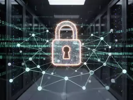Abstrakte Darstellung von Cybersicherheit mit leuchtendem Binärcode, einem Lichtschloss und vernetzten Knoten vor dunklem Hintergrund. - Foto: über boerse-global.de