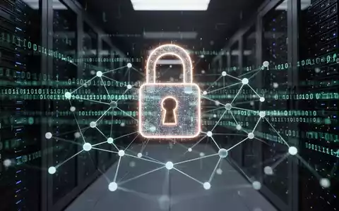 Abstrakte Darstellung von Cybersicherheit mit leuchtendem Binärcode, einem Lichtschloss und vernetzten Knoten vor dunklem Hintergrund. - Foto: über boerse-global.de