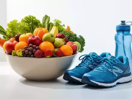 Eine Schale mit frischem Obst und Gemüse, daneben Laufschuhe und eine Wasserflasche, symbolisiert gesunde Ernährung und Bewegung. - Foto: über boerse-global.de