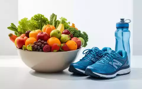 Eine Schale mit frischem Obst und Gemüse, daneben Laufschuhe und eine Wasserflasche, symbolisiert gesunde Ernährung und Bewegung. - Foto: über boerse-global.de
