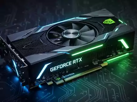 Close-up of a futuristic NVIDIA GeForce RTX graphics card glowing with cool blue and green light against a dark, tech background. - Foto: ĂŒber boerse-global.de