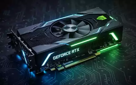 Close-up of a futuristic NVIDIA GeForce RTX graphics card glowing with cool blue and green light against a dark, tech background. - Foto: über boerse-global.de