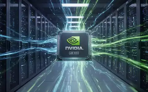 Ein futuristischer Nvidia GB300 Chip in einem energieeffizienten Rechenzentrum, umgeben von blauen und grünen Lichtspuren. - Foto: über boerse-global.de