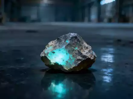 Ein einzelner, schwach leuchtender Uranerzbrocken liegt auf einer dunklen, reflektierenden Oberfläche in einer leeren Industriehalle. - Foto: über boerse-global.de