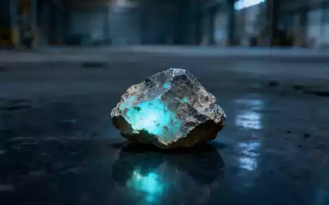 Ein einzelner, schwach leuchtender Uranerzbrocken liegt auf einer dunklen, reflektierenden Oberfläche in einer leeren Industriehalle. - Foto: über boerse-global.de