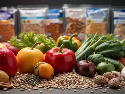 Nahaufnahme von frischem Obst, Gemüse und Vollkornprodukten, im Hintergrund unscharf industriell verarbeitete Lebensmittel. - Foto: über boerse-global.de
