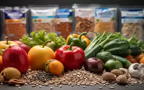 Nahaufnahme von frischem Obst, Gemüse und Vollkornprodukten, im Hintergrund unscharf industriell verarbeitete Lebensmittel. - Foto: über boerse-global.de
