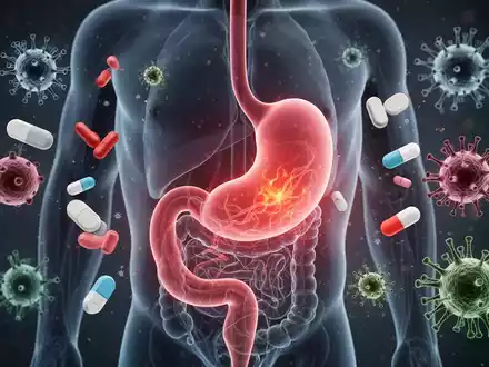 Eine stilisierte, transparente Magenanatomie mit Anzeichen von Entzündung, umgeben von Elementen wie Stress und Medikamenten. - Foto: über boerse-global.de