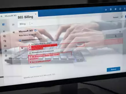 A computer screen showing Microsoft 365 billing errors with red alerts, and blurred hands typing, symbolizing subscription issues. - Foto: über boerse-global.de