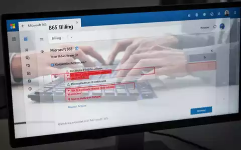 A computer screen showing Microsoft 365 billing errors with red alerts, and blurred hands typing, symbolizing subscription issues. - Foto: über boerse-global.de