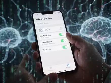 A hand holding a smartphone displaying photo access permissions on screen, with a blurred background of digital data streams. - Foto: über boerse-global.de