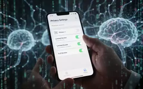 A hand holding a smartphone displaying photo access permissions on screen, with a blurred background of digital data streams. - Foto: über boerse-global.de