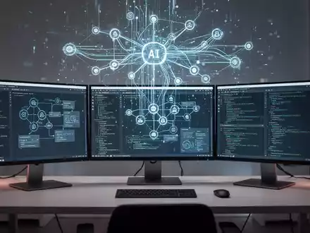 A futuristic desk setup with multiple screens displaying workflow automation and data. A holographic projection of interconnected nodes floats above the desk, representing AI and productivity. - Foto: über boerse-global.de