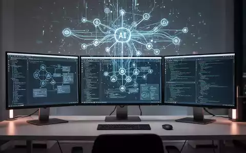 A futuristic desk setup with multiple screens displaying workflow automation and data. A holographic projection of interconnected nodes floats above the desk, representing AI and productivity. - Foto: über boerse-global.de