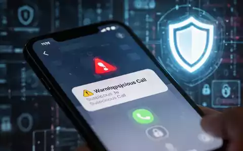 Ein Smartphone-Bildschirm zeigt eine Warnmeldung für einen verdächtigen Anruf, mit verschwommenen digitalen Sicherheitselementen im Hintergrund. - Foto: über boerse-global.de