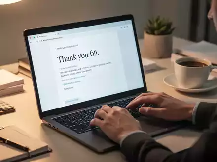 Hände tippen eine Dankes-E-Mail auf einem Laptop nach einem Vorstellungsgespräch, mit einer Tasse Kaffee auf einem Schreibtisch. - Foto: über boerse-global.de