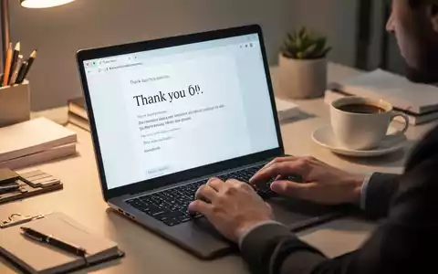 Hände tippen eine Dankes-E-Mail auf einem Laptop nach einem Vorstellungsgespräch, mit einer Tasse Kaffee auf einem Schreibtisch. - Foto: über boerse-global.de