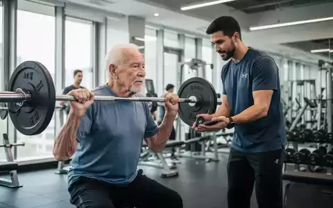 Ein älterer Mann macht leichtes Krafttraining mit einem Personal Trainer in einem modernen Fitnessstudio. - Foto: über boerse-global.de