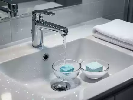 Ein blitzsauberes Badezimmerwaschbecken mit glänzenden Armaturen, daneben eine aufgelöste Spülmaschinentablette in einer Schale. - Foto: über boerse-global.de