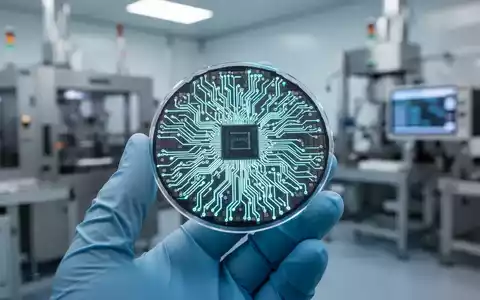 Nahaufnahme einer leuchtenden Halbleiterwafer mit Schaltkreismustern, gehalten in einem Reinraum mit Fertigungsanlagen im Hintergrund. - Foto: über boerse-global.de