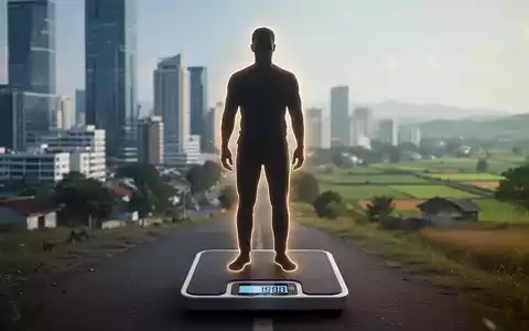 Eine stilisierte männliche Silhouette steht auf einer digitalen Waage, die ein erhöhtes Gewicht anzeigt. Im Hintergrund verschwimmen Stadt- und Landlandschaften. - Foto: über boerse-global.de