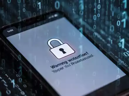 Nahaufnahme eines Smartphones mit einer Warnmeldung auf dem Bildschirm, umgeben von verschwommenen digitalen Mustern, die Cybersicherheit symbolisieren. - Foto: über boerse-global.de