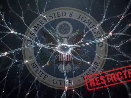 Digital illustration of a complex AI neural network with a faint, transparent US government seal and a red 'restricted' overlay. - Foto: über boerse-global.de
