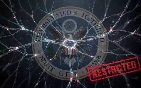 Digital illustration of a complex AI neural network with a faint, transparent US government seal and a red 'restricted' overlay. - Foto: über boerse-global.de