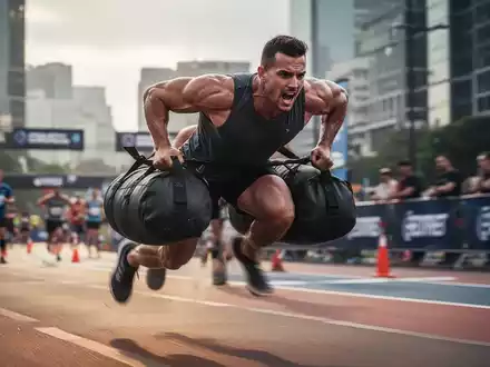 Ein Athlet in voller Bewegung während eines Fitness-Rennens, trägt einen Sandsack über eine Strecke. - Foto: über boerse-global.de