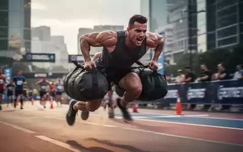 Ein Athlet in voller Bewegung während eines Fitness-Rennens, trägt einen Sandsack über eine Strecke. - Foto: über boerse-global.de