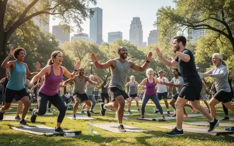 Eine vielfältige Gruppe von Menschen nimmt an einem Outdoor-Fitnesskurs in einem sonnigen Park teil, angeleitet von einem Trainer. - Foto: über boerse-global.de
