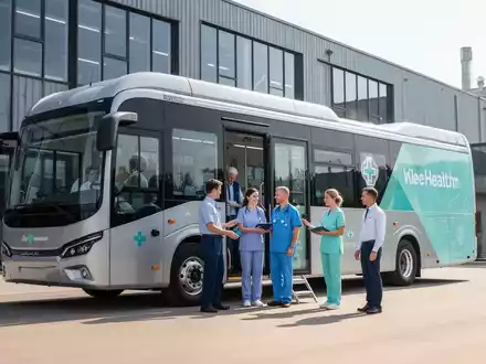 Ein moderner Gesundheitsbus der Arbeiterkammer steht vor einem Technologieunternehmen. Mitarbeiter nutzen mobile medizinische Vorsorgeuntersuchungen. - Foto: über boerse-global.de