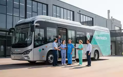 Ein moderner Gesundheitsbus der Arbeiterkammer steht vor einem Technologieunternehmen. Mitarbeiter nutzen mobile medizinische Vorsorgeuntersuchungen. - Foto: über boerse-global.de
