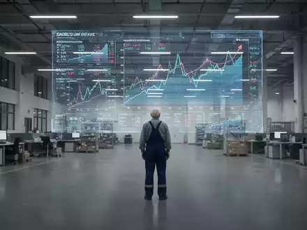 Ein leerer, moderner Büroraum oder eine Fabrikhalle mit einer einzelnen älteren Person, die auf digitale Diagramme zum Arbeitskräftemangel blickt. - Foto: über boerse-global.de