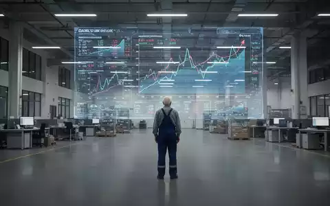 Ein leerer, moderner Büroraum oder eine Fabrikhalle mit einer einzelnen älteren Person, die auf digitale Diagramme zum Arbeitskräftemangel blickt. - Foto: über boerse-global.de
