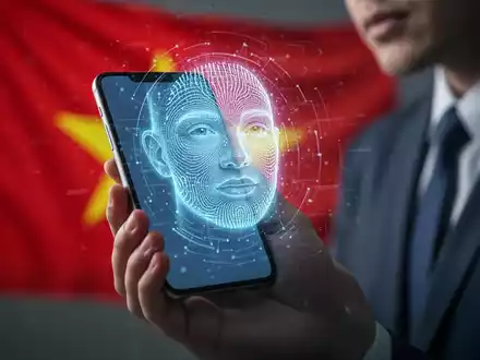 A person holding a smartphone with a digital facial scan overlay, symbolizing mobile account verification and cybersecurity in Vietnam. - Foto: über boerse-global.de