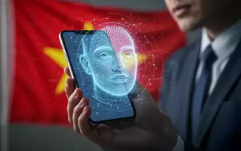 A person holding a smartphone with a digital facial scan overlay, symbolizing mobile account verification and cybersecurity in Vietnam. - Foto: über boerse-global.de