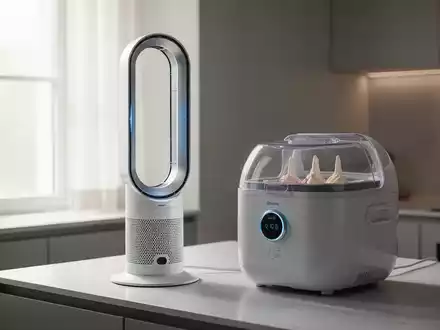 Ein schlanker, moderner, weißer, rotorloser Turmventilator neben einer kompakten Eismaschine auf einer minimalistischen Küchenarbeitsplatte. - Foto: über boerse-global.de